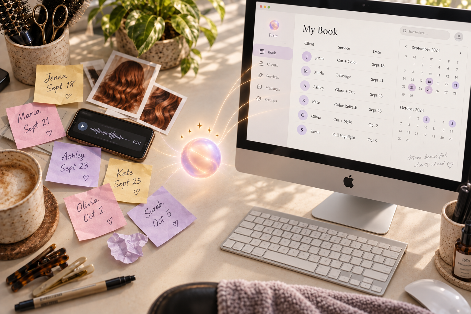 Handwritten appointment notes, photos and a voice memo flow through Pixie into an organized client book on a Mac