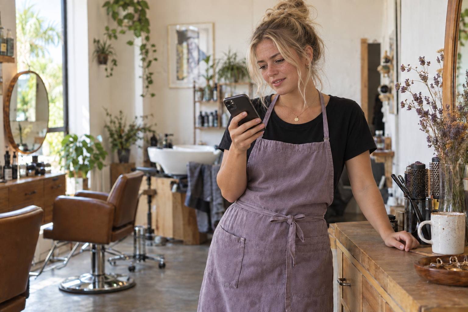 Illustrative scene of a stylist talking into her phone between appointments